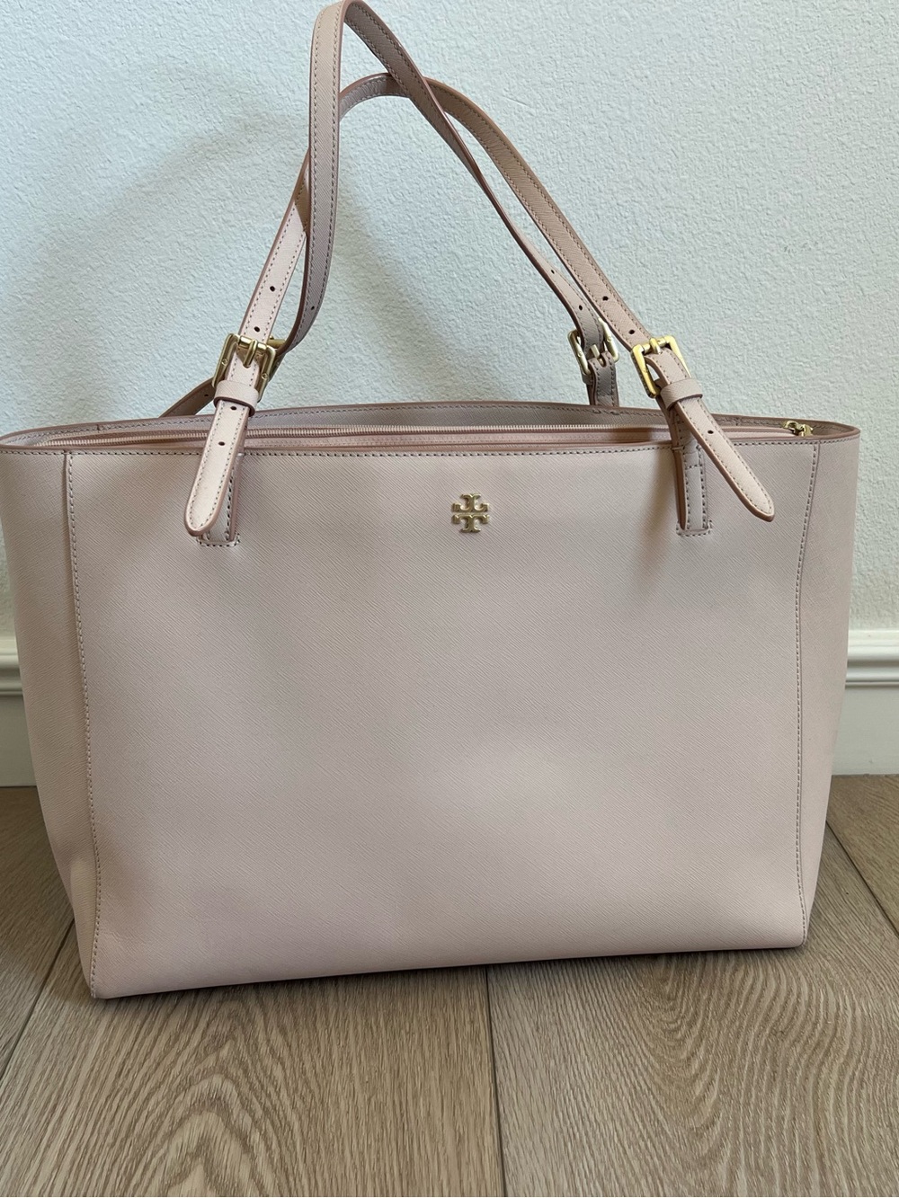 Tory Burch Pale Pink Large Emerson Saffiano Leather Tote with Gold Logo